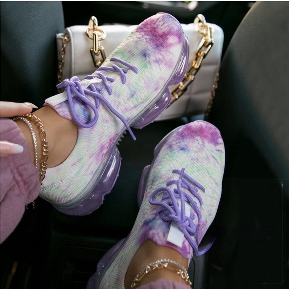 Shoes - Purple Dye Slip-On Lace-Up Stretch Knit Sneakers